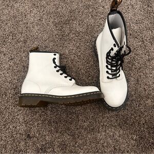 Dr. Martens Leather White Boots Black Laces Woman Sz 8 Yellow Stitching Classic